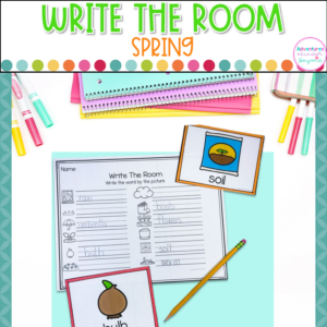 Spring Write the Room activity for kindergarten featuring seasonal vocabulary words, writing practice, and literacy center activities.