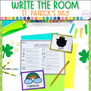 St. Patrick's Day Write the Room activity for kindergarten featuring themed vocabulary words, writing practice, and literacy center activities.