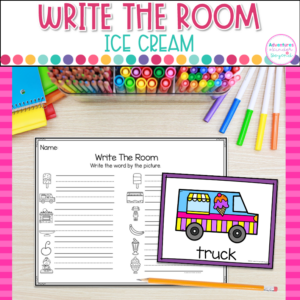 Ice Cream Write the Room activity for kindergarten featuring summer vocabulary words, writing practice, and literacy center activities.