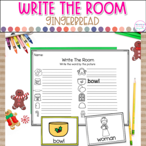 Gingerbread Man Write the Room activity for kindergarten featuring holiday vocabulary words, writing practice, and literacy center activities.