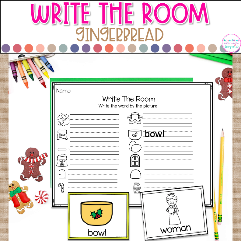 Gingerbread Man Write the Room activity for kindergarten featuring holiday vocabulary words, writing practice, and literacy center activities.