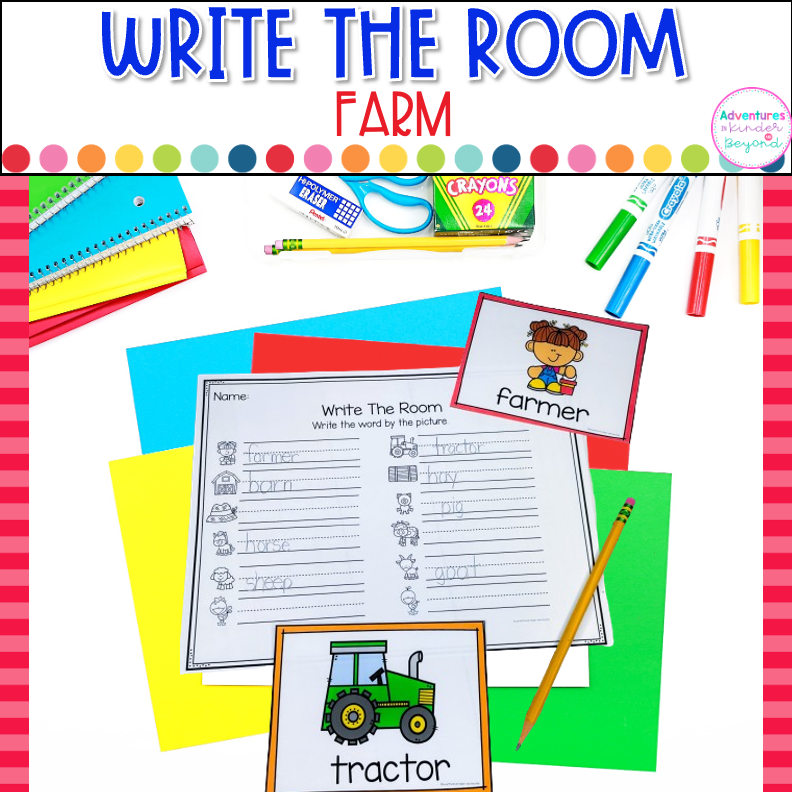 Farm Write the Room activity for kindergarten featuring farm vocabulary words, writing practice, and literacy center activities.