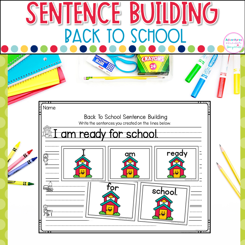 Back to school sentence scramble worksheets for kindergarten sentence writing and literacy centers.