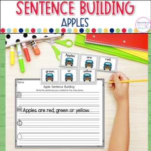 Apple sentence building activities for kindergarten literacy centers with sentence writing and reading practice worksheets and activities.