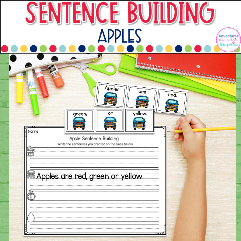 Apple sentence building activities for kindergarten literacy centers with sentence writing and reading practice worksheets and activities.