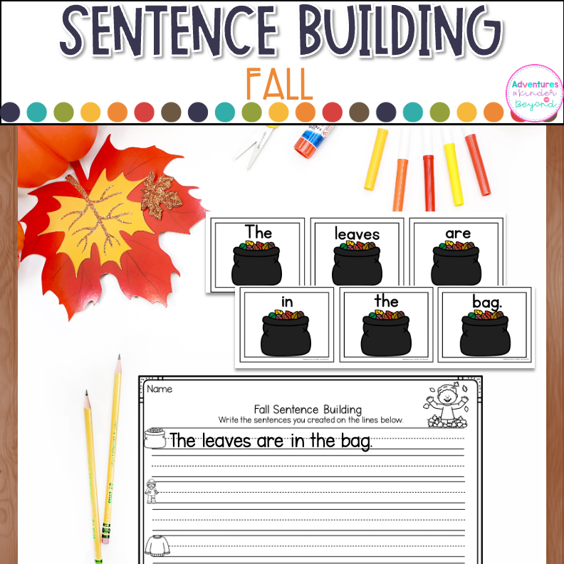 Fall sentence building activities for kindergarten literacy centers with sentence writing, reading practice, and autumn-themed literacy activities.
