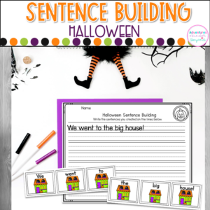 Halloween sentence building activities for kindergarten literacy centers with sentence writing, reading practice, and seasonal literacy learning.