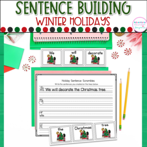 Holiday sentence building activities for kindergarten with Christmas-themed sentence writing, reading practice, and literacy center activities.