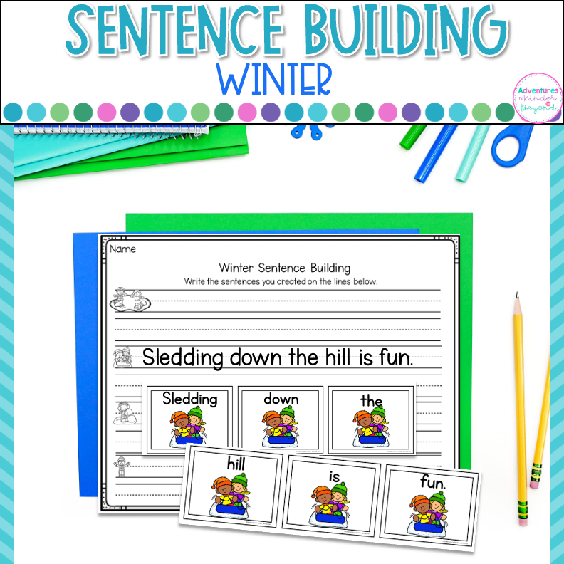 Winter sentence building activities for kindergarten with seasonal sentence writing, reading practice, and literacy center activities.