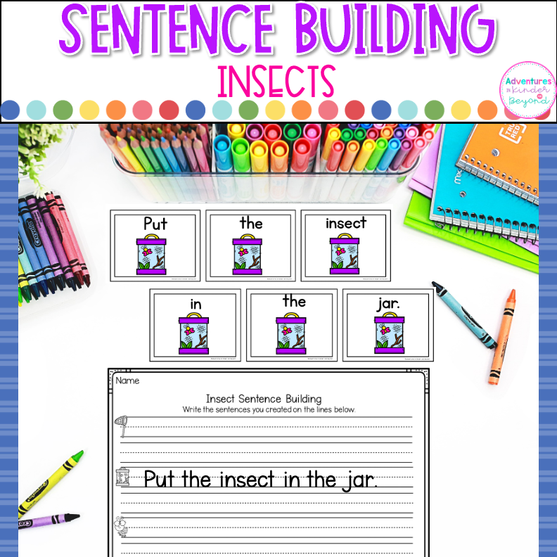 Insect sentence building activities for kindergarten with bug-themed sentence writing practice, reading skills, and literacy center activities.