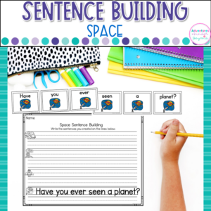 Space sentence building activities for kindergarten with outer space sentence writing practice, reading skills, and literacy center activities.