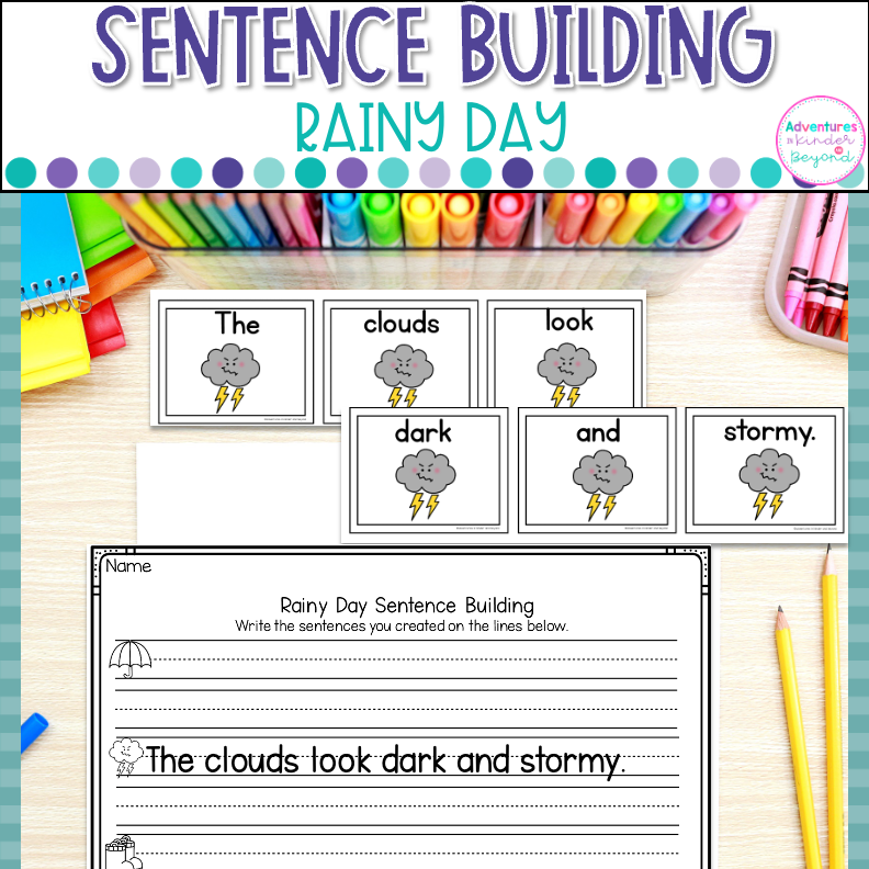 Rainy day sentence building activities for kindergarten with weather-themed sentence writing practice, reading skills, and literacy center activities.