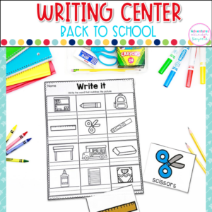 Back to School Writing Center for kindergarten students featuring sentence building, writing practice, literacy center activities, and beginning writing skills.