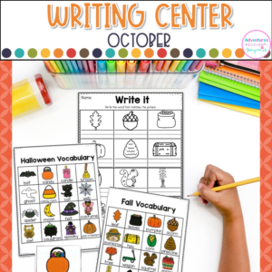 Kindergarten fall writing center with October-themed sentence building, handwriting practice, vocabulary activities, and literacy center resources.