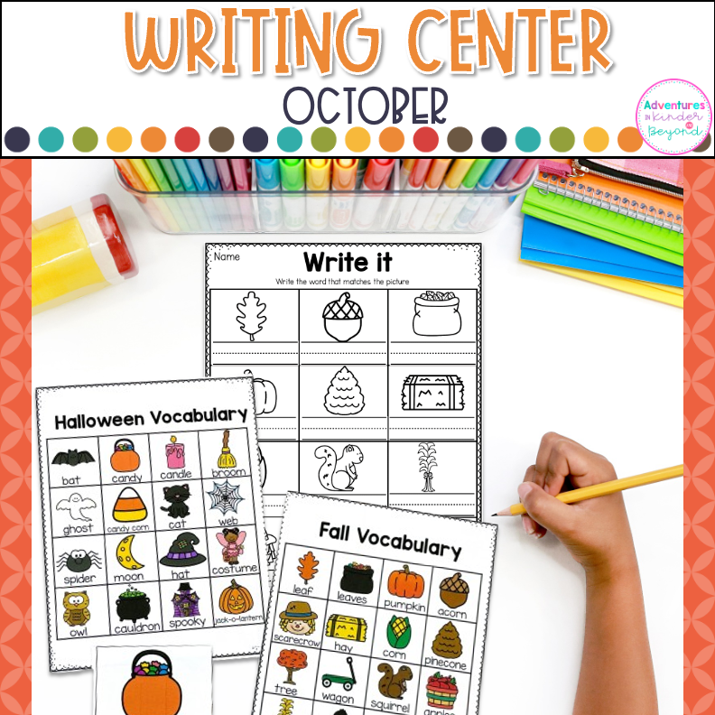 Kindergarten fall writing center with October-themed sentence building, handwriting practice, vocabulary activities, and literacy center resources.