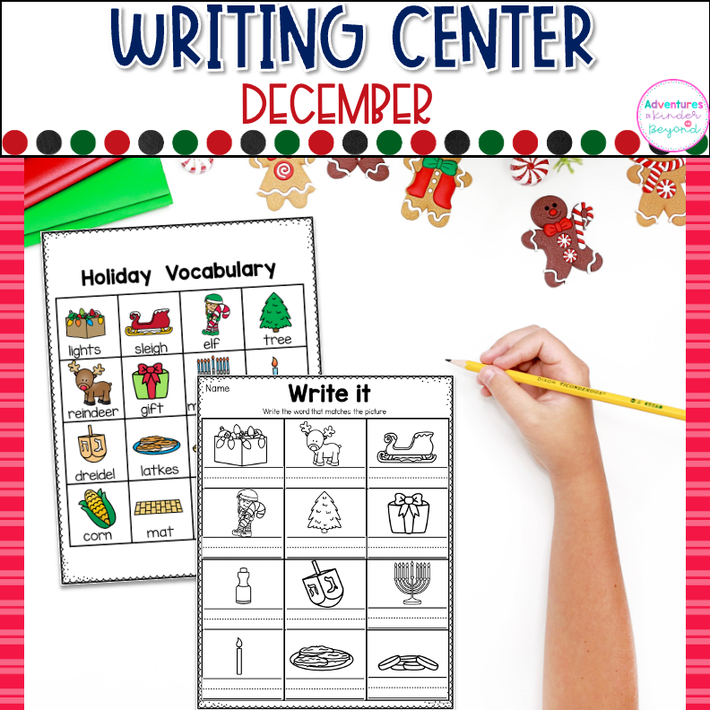 December Writing Center for kindergarten featuring winter sentence writing, vocabulary practice, handwriting activities, and literacy center learning.