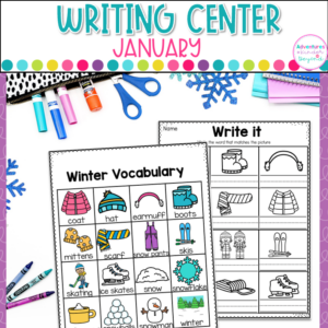 January Writing Center for kindergarten featuring winter sentence writing, vocabulary development, handwriting practice, and literacy center activities.