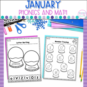 January kindergarten worksheets with winter-themed literacy activities, math practice, morning work, handwriting exercises, and no-prep printables.
