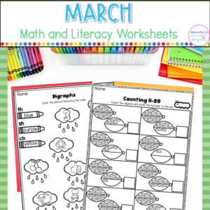 March Morning Work for kindergarten featuring word family sorting, counting to 20 activities, literacy practice, and math review worksheets.