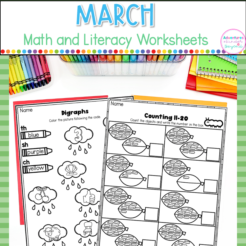 March Morning Work for kindergarten featuring word family sorting, counting to 20 activities, literacy practice, and math review worksheets.