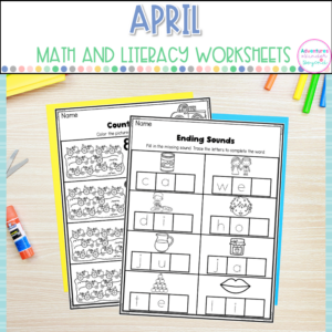 April Kindergarten Worksheets with spring activities, literacy practice, math review, handwriting exercises, and no-prep kindergarten printables.
