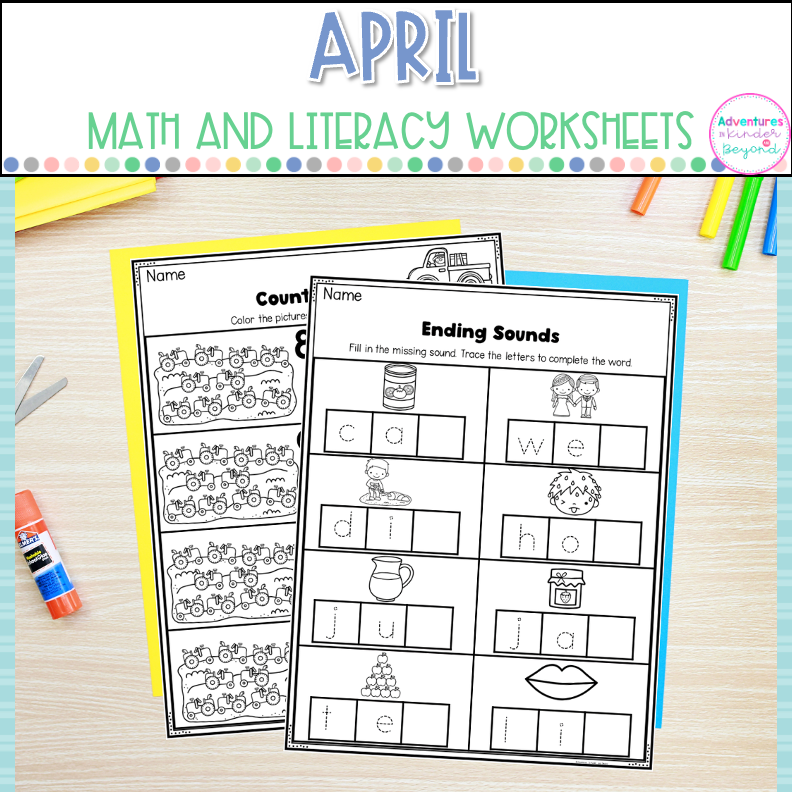 April Kindergarten Worksheets with spring activities, literacy practice, math review, handwriting exercises, and no-prep kindergarten printables.