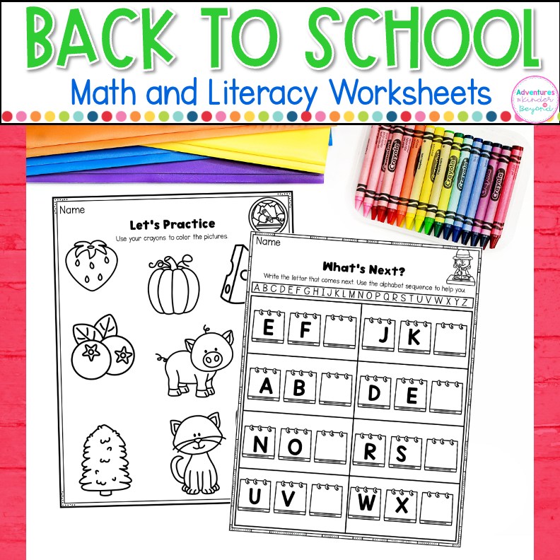 Back to School Kindergarten Worksheets with no-prep literacy activities, math practice, handwriting exercises, and morning work for kindergarten students.