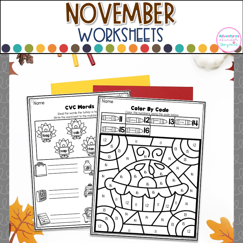 November Kindergarten Worksheets with Thanksgiving activities, literacy practice, math review, handwriting exercises, and no-prep printables for kindergarten.