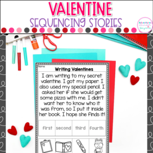 Valentine's Day story sequencing activities with picture cards for kindergarten students practicing sequence of events and story retelling.