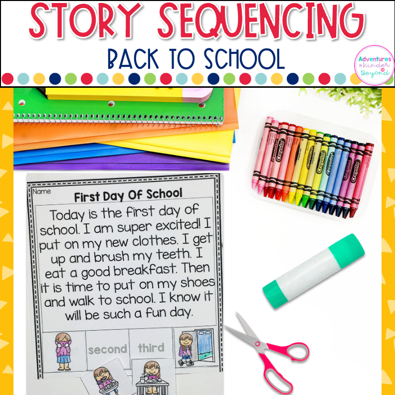 Back to School story sequencing activities with picture cards for kindergarten students practicing sequence of events and story retelling.