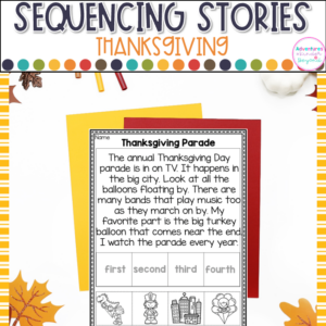 Thanksgiving story sequencing activities with picture cards for students practicing sequence of events, story retelling, and reading comprehension skills.