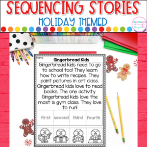 December holiday story sequencing activities featuring Christmas, Hanukkah, and Kwanzaa picture cards for practicing sequence of events and story retelling.