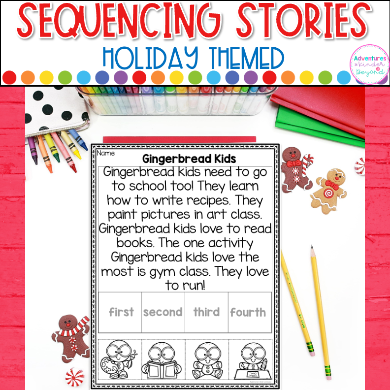 December holiday story sequencing activities featuring Christmas, Hanukkah, and Kwanzaa picture cards for practicing sequence of events and story retelling.