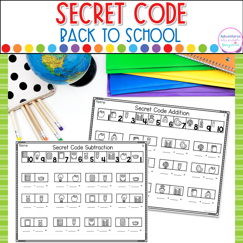 Back to School addition and subtraction worksheets with secret code math activities for practicing number sense, fluency, and problem-solving skills.