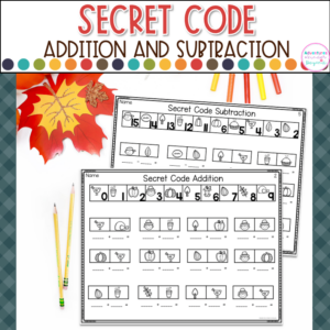 Fall addition and subtraction worksheets with secret code math activities for students practicing fluency, number sense, and problem-solving skills.