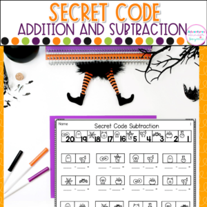 Halloween addition and subtraction worksheets with secret code math activities for students practicing number sense, fluency, and problem-solving skills.