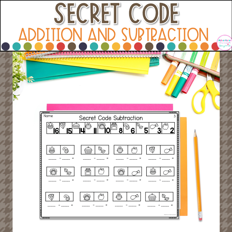 Thanksgiving addition and subtraction worksheets with secret code math activities for students practicing number sense, fluency, and problem-solving skills.