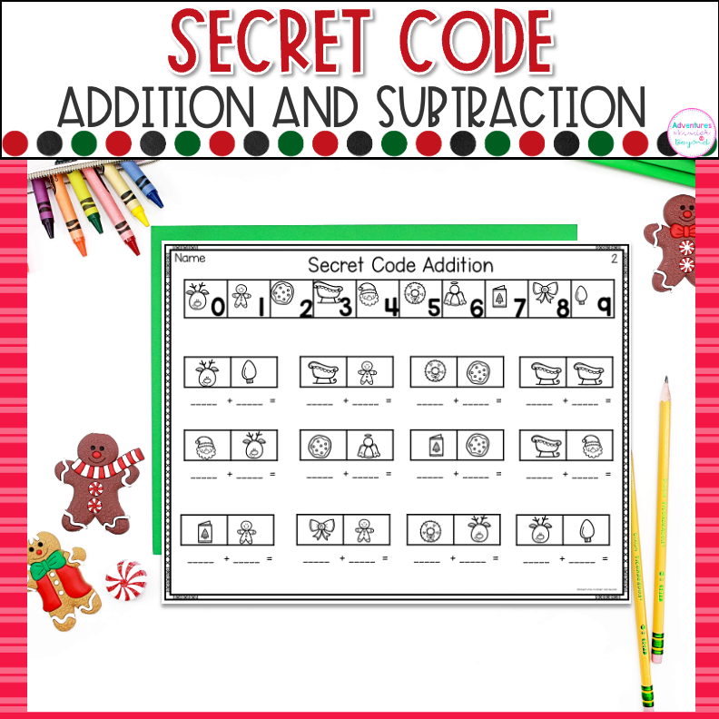 Christmas addition and subtraction worksheets with secret code math activities for students practicing number sense, fluency, and problem-solving skills.