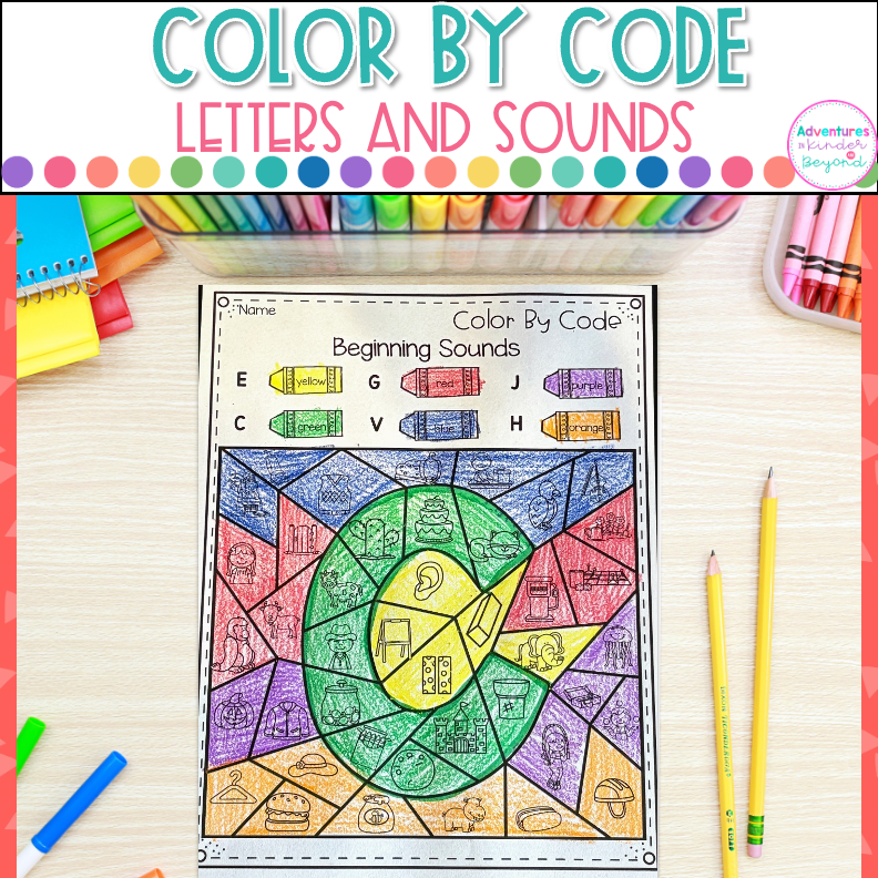 Beginning sounds color by code worksheets for kindergarten letter identification, phonics practice, literacy centers, and independent learning activities.