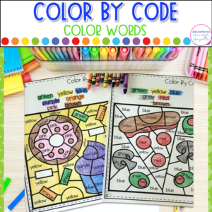 Color words worksheets with color by code activities for kindergarten literacy centers, sight word practice, and independent learning.
