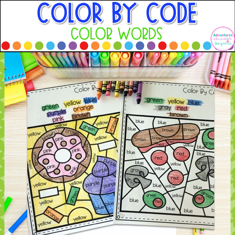 Color words worksheets with color by code activities for kindergarten literacy centers, sight word practice, and independent learning.