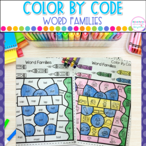 Word family worksheets with color by code activities for kindergarten phonics practice, literacy centers, and independent learning.