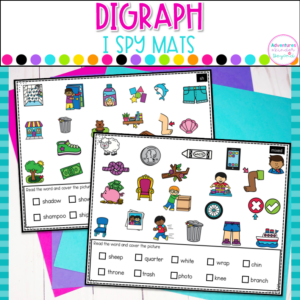 Digraph worksheets featuring I Spy phonics activities for kindergarten reading practice, literacy centers, and independent learning.