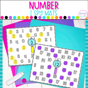 Number identification worksheets featuring I Spy number mats for numbers 0-20, kindergarten math centers, and independent practice activities.