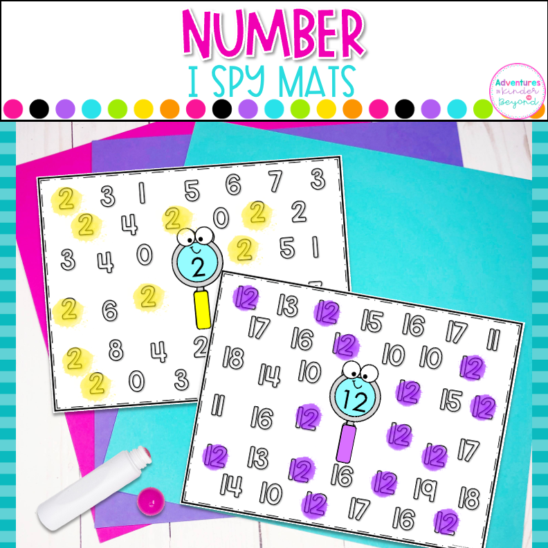 Number identification worksheets featuring I Spy number mats for numbers 0-20, kindergarten math centers, and independent practice activities.