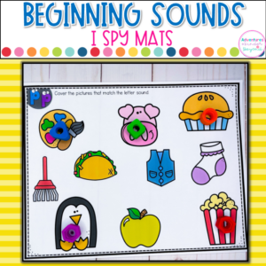 Beginning sounds worksheets featuring I Spy phonics mats for kindergarten literacy centers, phonemic awareness practice, and independent learning activities.