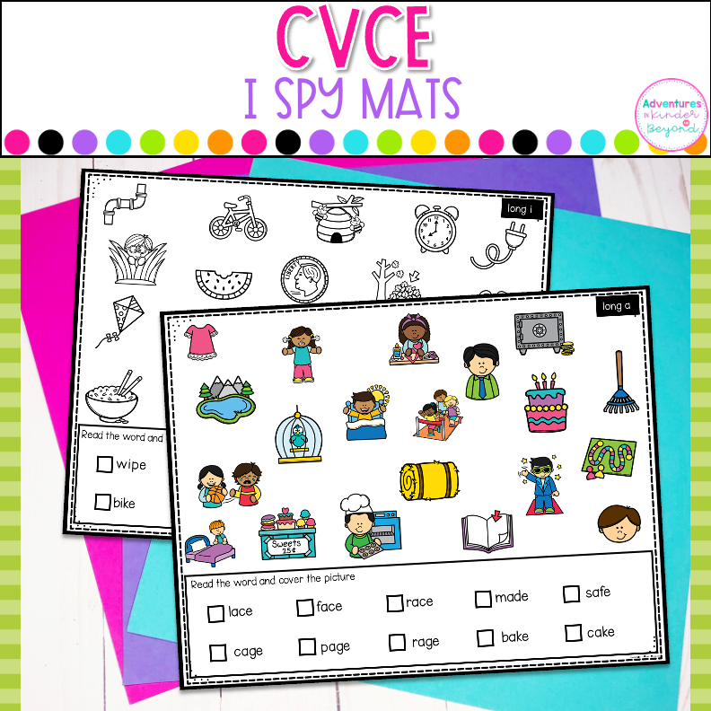 CVCe worksheets featuring I Spy silent e activities for kindergarten phonics practice, literacy centers, and reading fluency development.