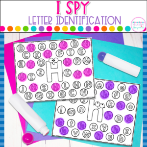 Letter identification worksheets featuring I Spy letter recognition activities for kindergarten literacy centers, alphabet practice, and independent learning.
