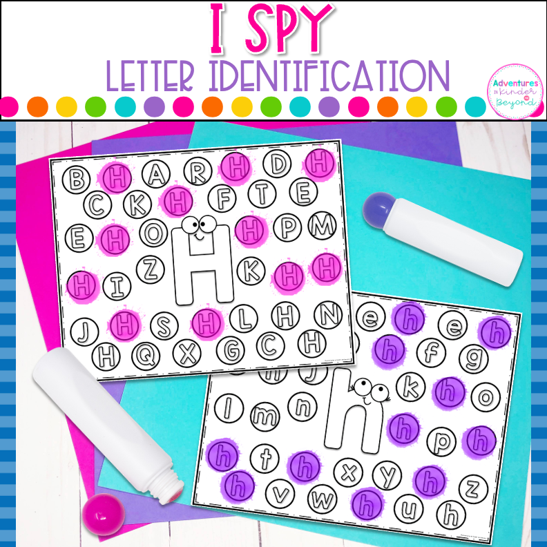 Letter identification worksheets featuring I Spy letter recognition activities for kindergarten literacy centers, alphabet practice, and independent learning.