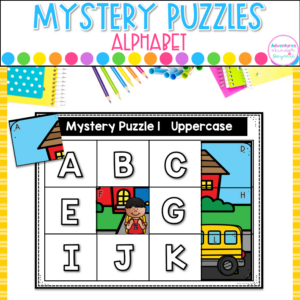 Alphabet Mystery Puzzles with 32 hands-on activities for matching uppercase and lowercase letters. Kindergarten literacy center resource for letter recognition, alphabet matching, and early literacy practice.